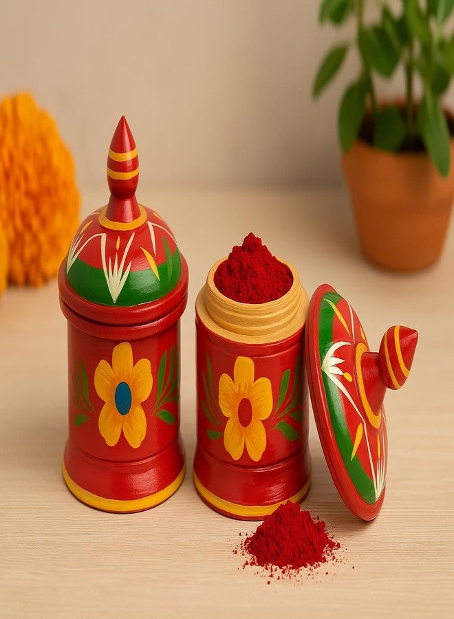 Fine Craft India Wooden Kumkum Box Sindoor Dani - Hand-Painted Multicolor Traditional Sindoor Dibbi Set of 2 Best Gift for Bride (3 Inch Height) Sindoor_Dibbi001 - Image 4